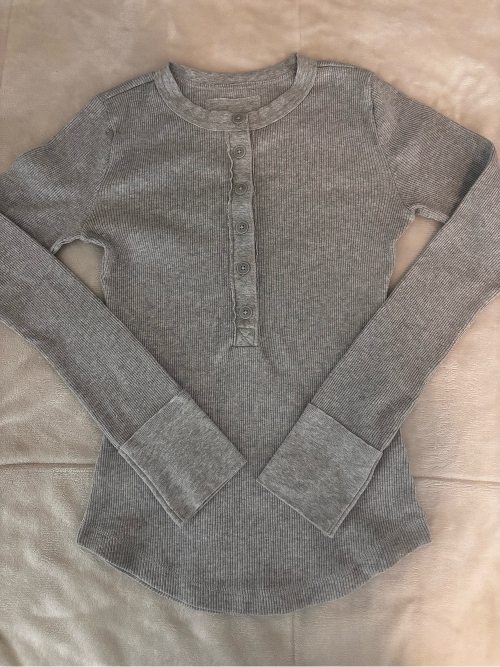 aerie Gray Ribbed Henley Crewneck Long Sleeve Sweater